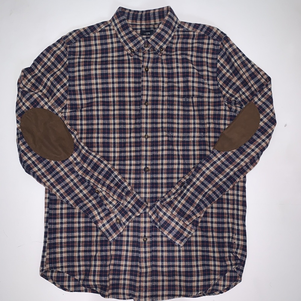 J.Crew Flannel Elbow Patches Long Sleeve Plaid Button Front Mens Shirt Medium